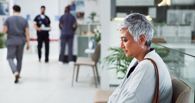 Thinking, sad and senior woman in clinic, grief and depression with emotions. Thoughts, mature person and old lady with results, medical and fear of cancer with loss, healthcare and hospital