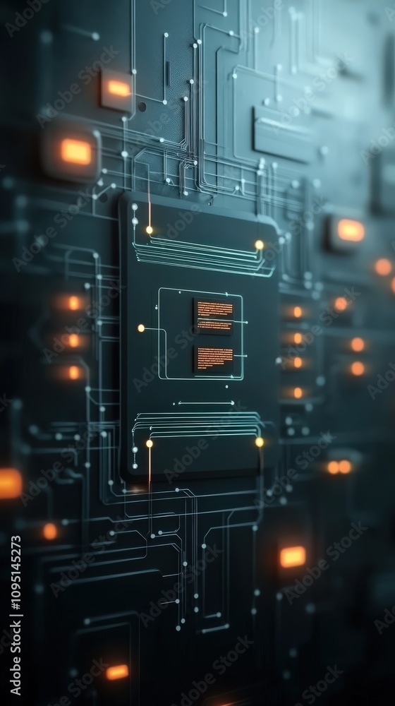 Poster abstract digital circuitry background with glowing elements, illustrating technology, innovation, an