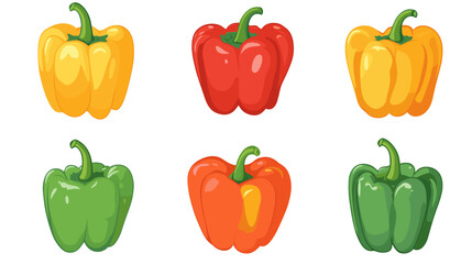 Vector set of various bell peppers Cartoon red green yellow orange sweet paprika fresh organic vegetable for cooking and healthy eating Vector colorful food vegetable illustration on white background