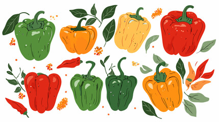 Vector set of various bell peppers Cartoon red green yellow orange sweet paprika fresh organic vegetable for cooking and healthy eating Vector colorful food vegetable illustration on white background