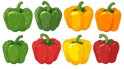 Vector set of various bell peppers Cartoon red green yellow orange sweet paprika fresh organic vegetable for cooking and healthy eating Vector colorful food vegetable illustration on white background