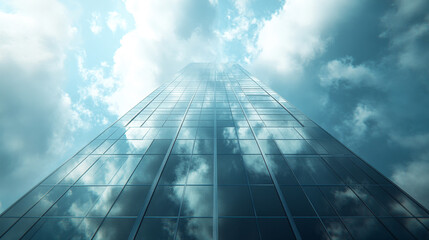 Skyscraper reflecting clouds against a blue sky in a cityscape view during the day