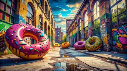 Fototapeta premium Urban Exploration Photography Featuring Whimsical Cartoon Donuts in an Abandoned City Setting with Vibrant Colors and Playful Atmosphere, Perfect for Food and Urban Art Themes