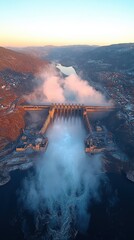 Fototapeta premium Stunning aerial view of large hydroelectric dam releasing water at sunrise with mist, surrounded by scenic landscape and river; natural energy marvel