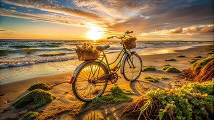 Fototapeta premium Urban Exploration Photography of an Oldish Beach Bike Resting on Sandy Shore with Waves in Background, Capturing the Essence of Adventure and Nostalgia in a Coastal Setting
