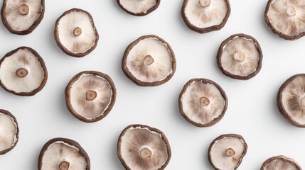 Freshly Cut Mushroom Slices Arranged on White Background for Culinary Arts and Food Photography Projects Featuring Natural Organic Ingredients