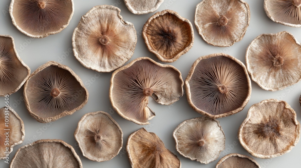 Aufkleber a close-up view of dried mushroom caps displayed on a light background, showcasing unique patterns, 
