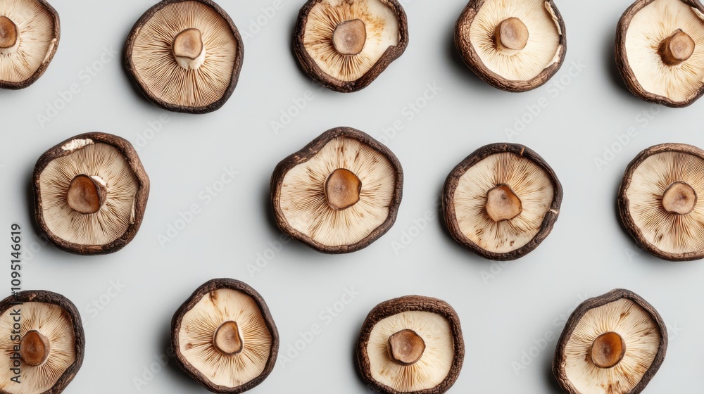 Aufkleber assorted sliced shiitake mushrooms arranged in a creative pattern on a light grey background for cul