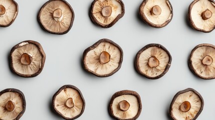 Fototapeta premium Assorted Sliced Shiitake Mushrooms Arranged in a Creative Pattern on a Light Grey Background for Culinary Inspiration and Healthy Cooking Ideas