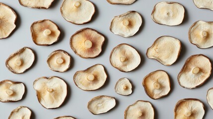 Diverse Arrangement of Natural Mushroom Caps on a Soft Gray Surface Highlighting Organic Textures and Earthy Tones for Culinary and Artistic Use