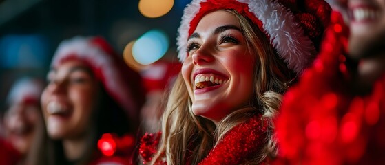 Fototapeta premium Cheerful group of fans wearing festive outfits like Santa hats scarves and costumes supporting their favorite team at a lively holiday themed event or in a stadium or arena setting