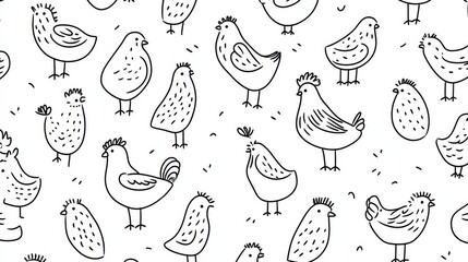 Fototapeta premium Bunch of chickens are drawn in black and white. They are all different sizes and shapes. Some are standing, while others are sitting