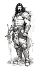 Fototapeta premium Majestic warrior in regal armor wields a sword in a mysterious fantasy setting during twilight