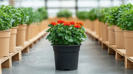 Vibrant Orange Flowers in Black Pot Greenhouse Plants Nursery Stock
