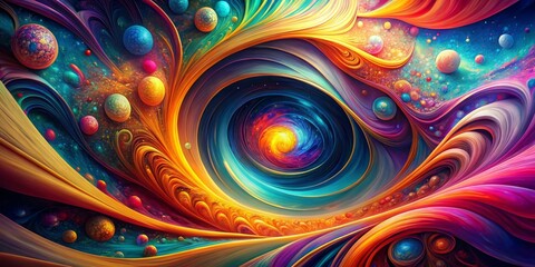 Cosmic Tapestry Whirling Galaxies and Vibrant Planets in a Swirling, Abstract Landscape