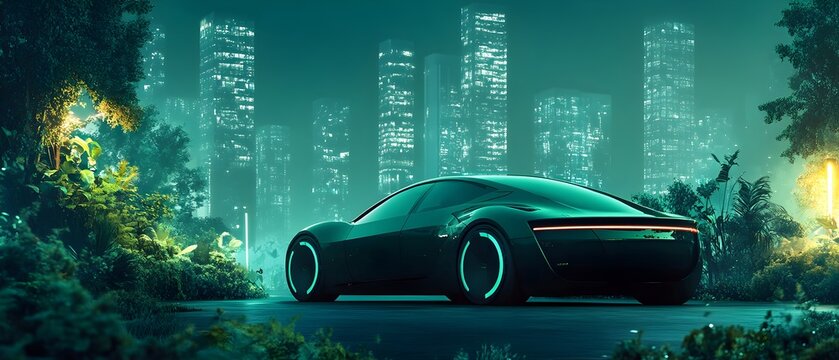Sleek and futuristic electric sports car surrounded by the illuminated skyline of a modern city showcasing sustainable transportation and reduced emissions in an eco friendly urban environment