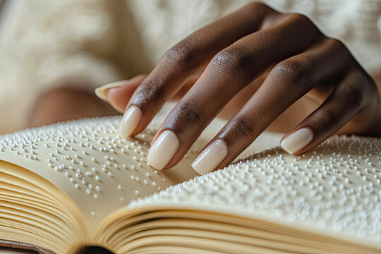 Hands of a blind African American young woman reading with her hands, braille reading concept