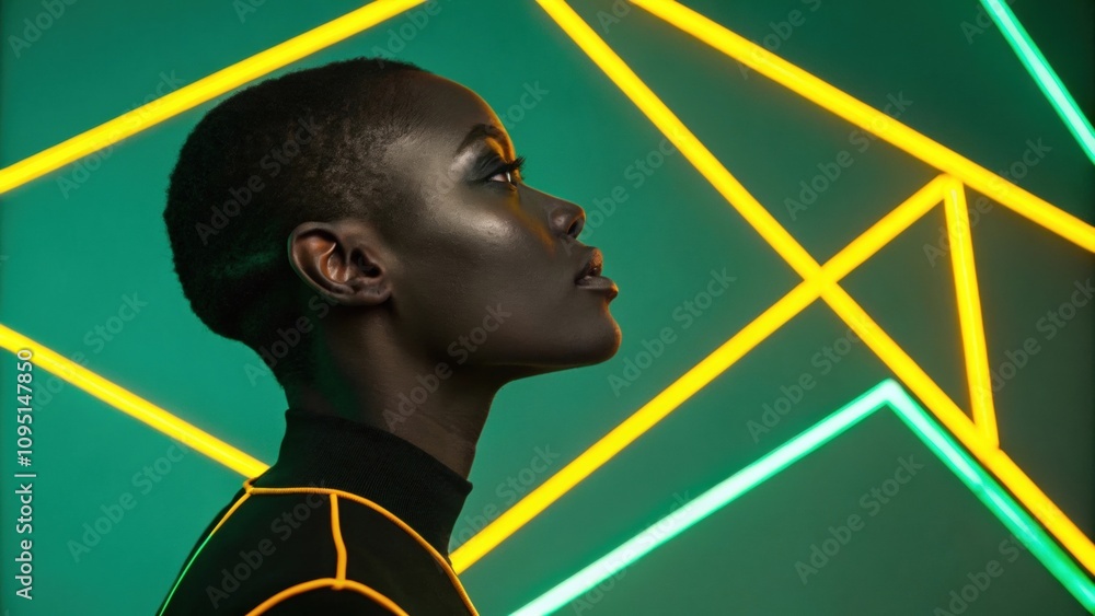 Poster a striking profile view of an individual adorned with bold geometric lines in luminous green and rad