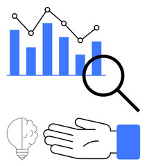 Blue bar graph with trendline, magnifying glass, outstretched hand, and lightbulb with brain inside. Ideal for data analysis, innovation, research, solutions, strategy brainstorming and discovery