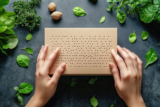 Box full of cooking ingredients with tactile reading aid, braille reading packaging concept