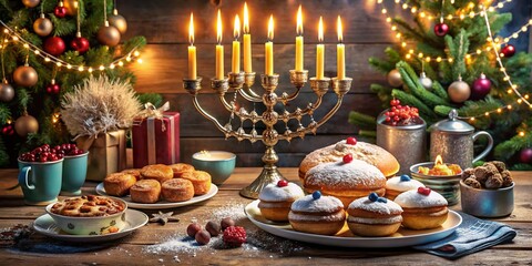 Fototapeta premium Vibrant and Festive Food Photography for a Joyful Hanukkah Celebration Featuring Traditional Dishes, Menorah, and Festive Decorations for Stock Images