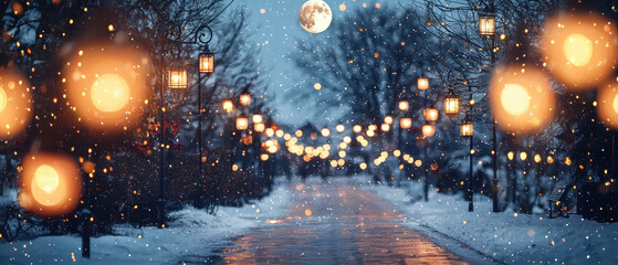 serene winter night scene featuring glowing lanterns illuminating snowy path under full moon, creating magical atmosphere