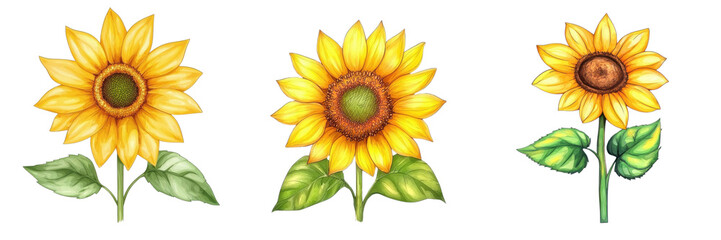 Fototapeta premium Three vibrant sunflowers with green leaves on a white isolate background.