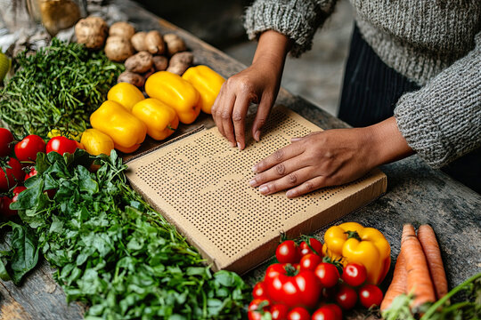 Box full of cooking ingredients with tactile reading aid, braille reading packaging concep