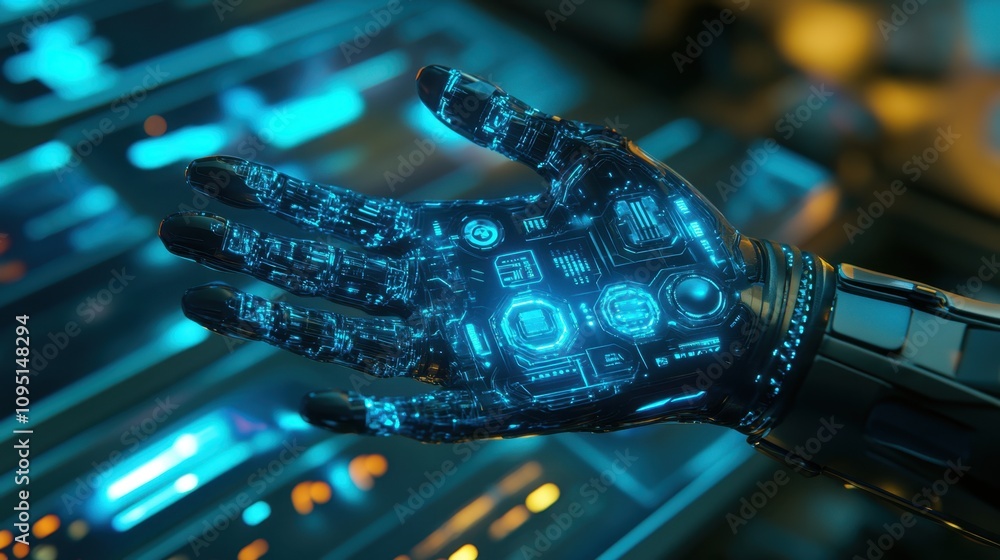 Poster futuristic robotic hand with glowing circuitry and advanced tech interface showcasing innovation in 