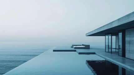 Fototapeta premium Modern Concrete Architecture Overlooking Serene Ocean Waters