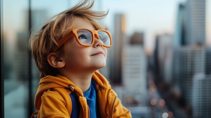 Fototapeta premium Child with Glasses Looking at Cityscape