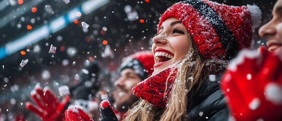 Festive fans in red clothing creating a lively joyful atmosphere with seasonal music and cheer during an exciting sports game event