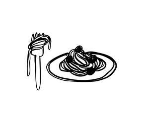 Spaghetti in a plate and on a fork in doodle style. Vector illustration for design.