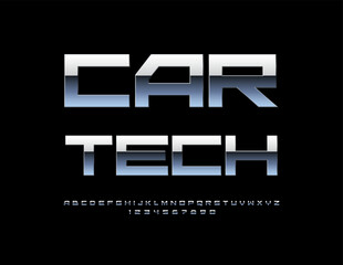 Vector digital icon Car Tech. Unique Silver Font. Reflective Metallic Alphabet Letters and Numbers set.