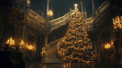 Christmas tree with opulent gold ornaments, shimmering garland, festive lighting, magical atmosphere.