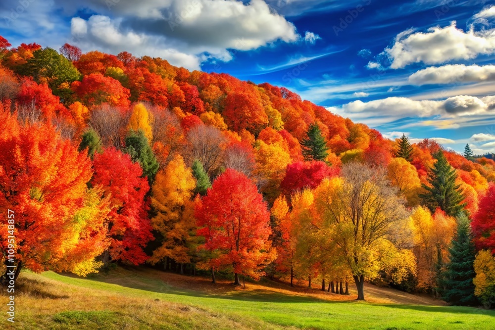 Poster vibrant autumn trees with colorful leaves in a serene landscape, perfect for capturing the essence o