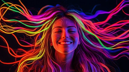 A photo of a person with long hair made out of neon-colored lines. The colors swirl and interweave into each other, creating an abstract pattern that resembles flowing liquid paint