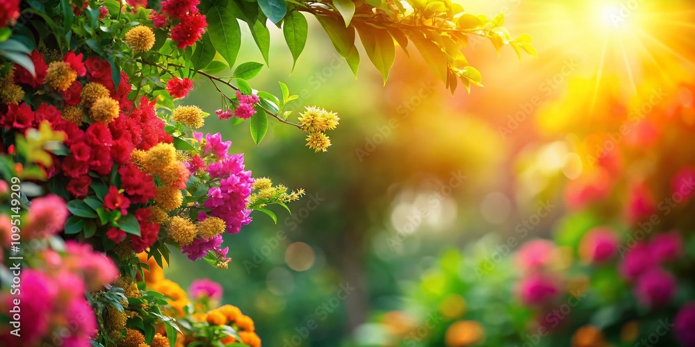 Poster vibrant bugambilla blooms in a lush garden setting with copy space for text or design elements, perf