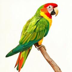 Vibrant Tropical Parrot Displaying Striking Green and Red Feathers on a Perch Against a Clean Background