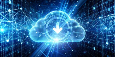 Fototapeta premium Digital Cloud Download A Glowing 3D Cloud with a Download Icon Amidst a Network of Lines and Dots, Representing the Flow of Data in a Cyberspace