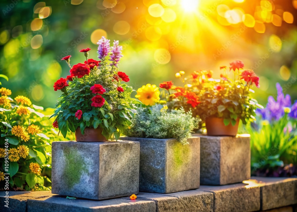 Poster vibrant cinder block planters in bloom: a stunning bokeh effect capturing lush greenery and colorful
