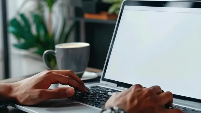 Man's hands typing on laptop computer in a room with indoor green flowers. White blank mock up empty screen display for business websites or services ads. Mock up. Copy space