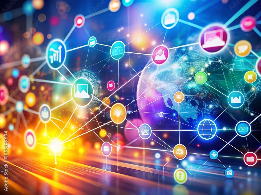Poster vibrant clipart of internet elements with bokeh effect, showcasing connectivity, technology, and dig