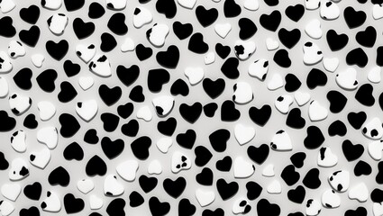 Playful Texture of Heart Shapes in Black and White Featuring Dalmatian-Like Spots Creating a Random Pattern on a Light Background