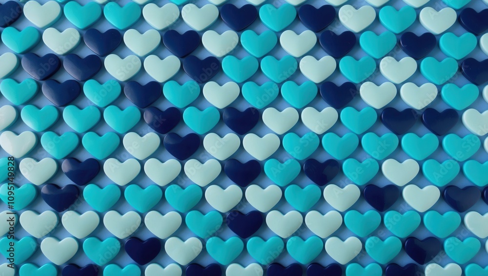 Poster heart-shaped elements create a colorful fish scale texture in oceanic tones for creative background 