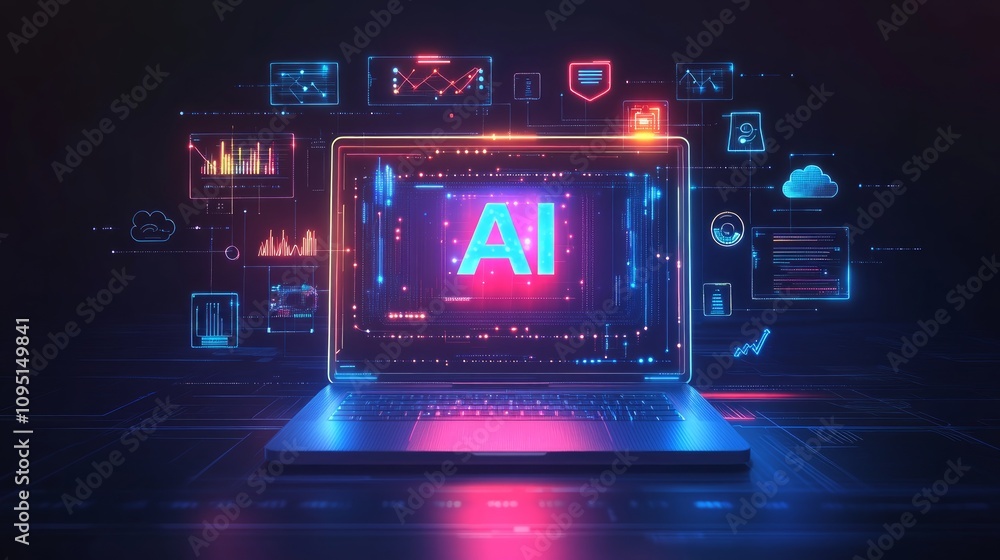 Poster ai displayed on laptop screen surrounded by digital data and icons.
