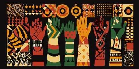 A vector illustration featuring symbols of Black heritage--fists raised in solidarity, African patterns, and Pan-African colors--set in a modern design.