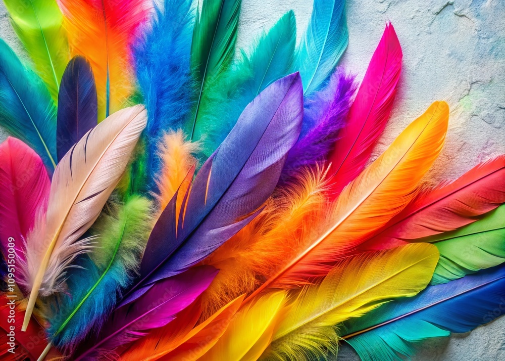 Poster vibrant colorful feathers on a soft light background with ample copy space for design and creative u