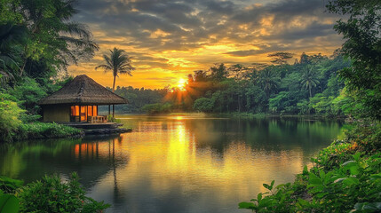 Fototapeta premium A small thatched-roof hut sits on a lake at sunset