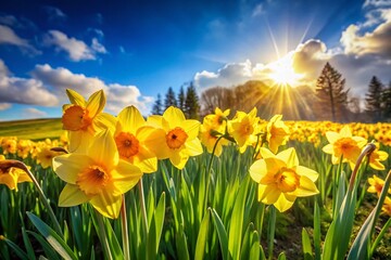 Fototapeta premium Vibrant Daffodils Blooming in a Lush Green Meadow with a High Depth of Field for Nature and Gardening Themes, Perfect for Spring and Floral Decor Projects
